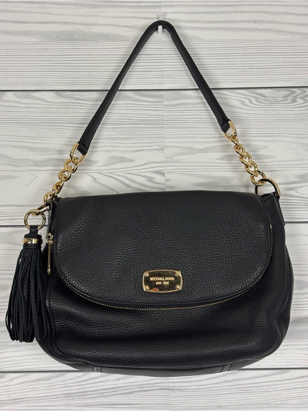 Michael Kors Black Pebbled Leather Bedford Tassel Purse Handbag
